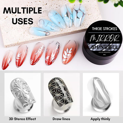 GV100 THR3E STROKES 8Ml Mirror Shine Gel Metallic Finish Silver Gel Uv/Led Gel Metal Painting Gel Drawing Mirror Nail Gel For Nail Art Designs (Silver)