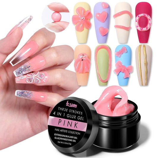GV45 THR3E STROKES Solid Builder Nail Gel,15ML 4 in 1 Nail Extension Gel UV Nail Glue for Acrylic Nails Rhinestones Gel 3D Nail Sculpture Gel 3D Molding Hard Gel for Nails UV/LED Nail Lamp Required (Pink) (UV/LED LAMP REQUIRED)
