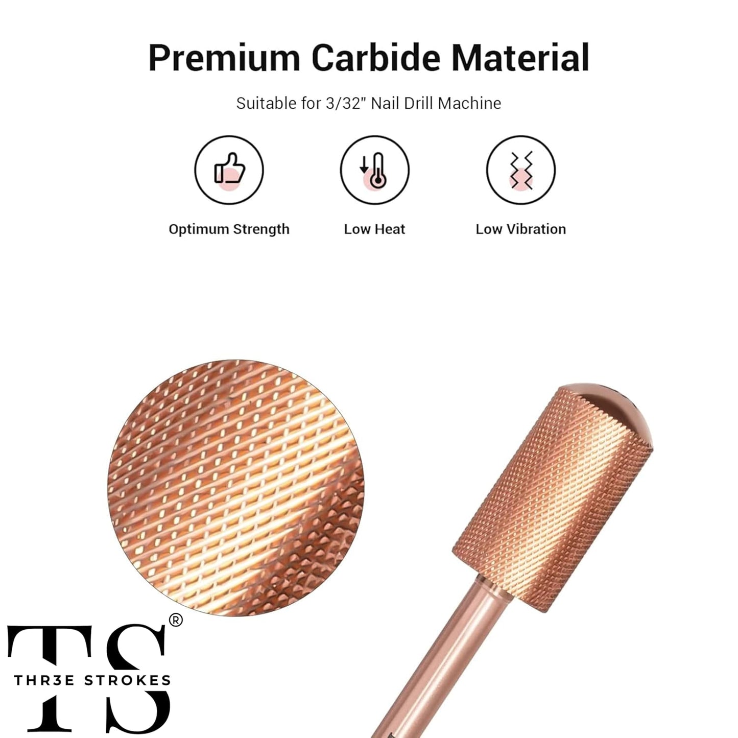 GV67 THR3E STROKES Nail Drill Bits, 3/32'' Smooth Round Top Large Barrel Carbide Bits, Suitable for Manicure Pedicure Cuticle Gel Polishing, Beginners Bits, Rose Gold, Series Bit (Extra Fine-XF, ROSE GOLD)