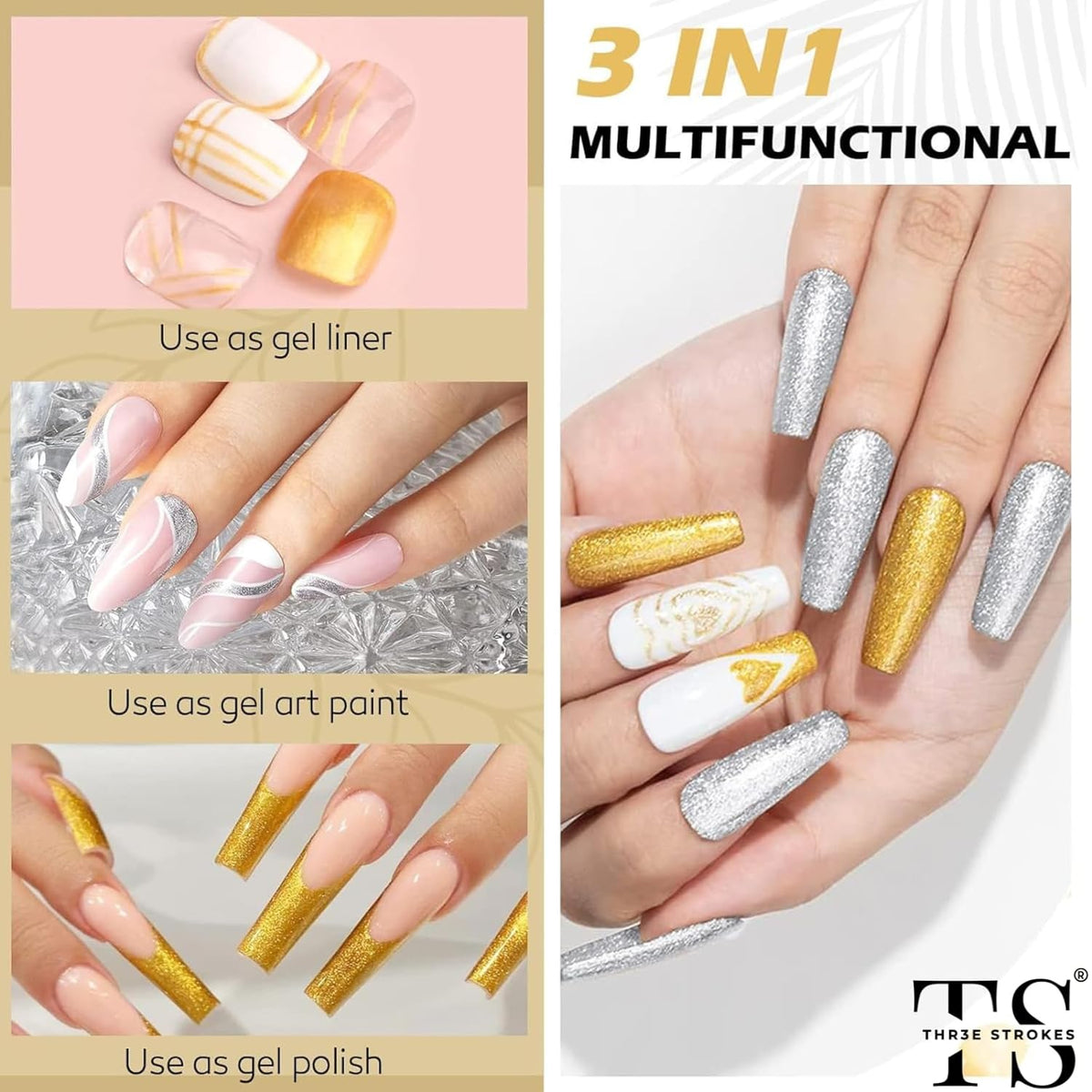 GV17 THR3E STROKES Gel Polish Nail Art Gel Liner Nail Polish Set, Golden Reflective Glitter Gel Polish, Gel Art Paint for Swirl Shiny Nails Nail Art Brush (Gold Glitter)