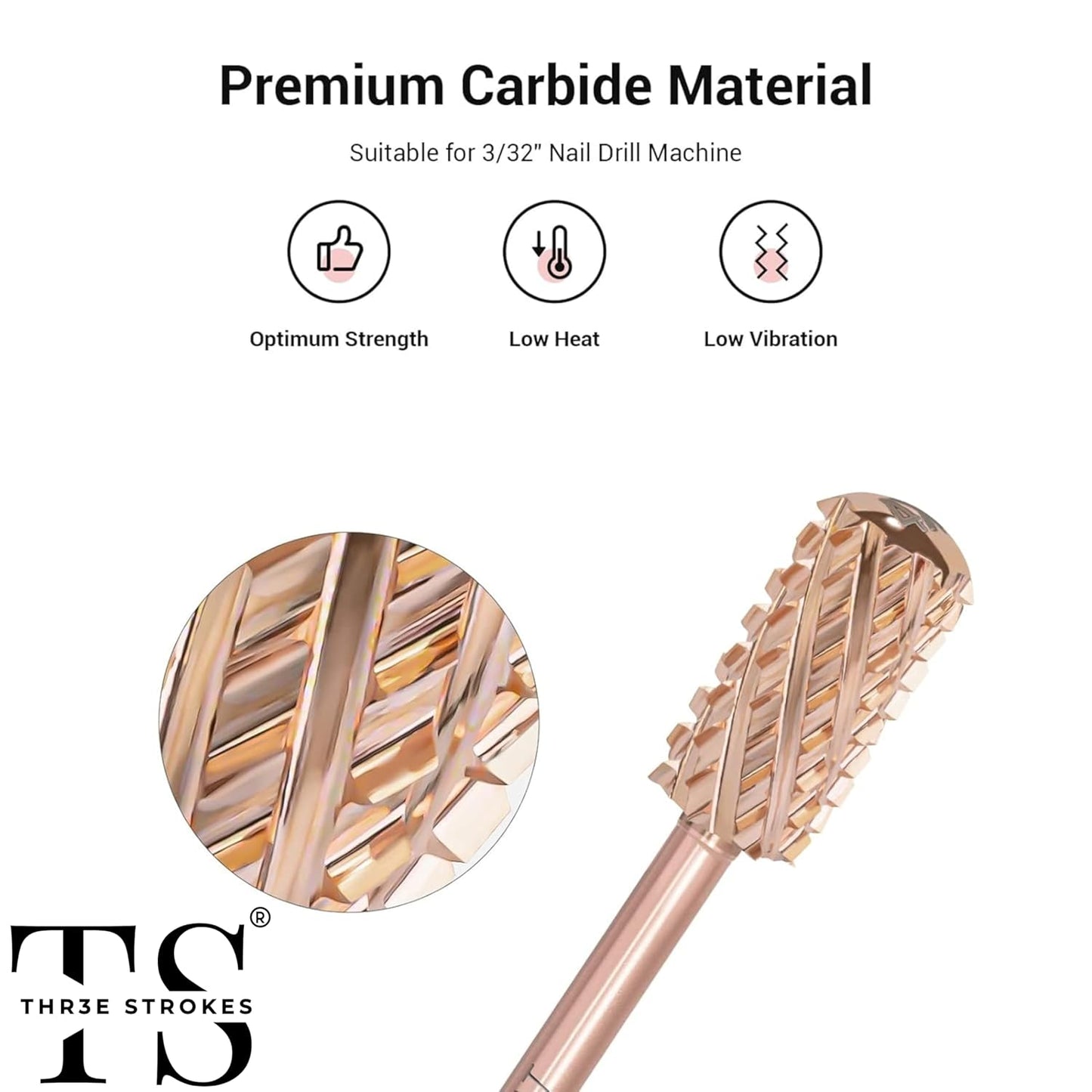 GV71 THR3E STROKES Nail Drill Bits, 3/32'' Smooth Round Top Large Barrel Carbide Bits, Suitable for Manicure Pedicure Cuticle Gel Polishing, Beginners Bits, Rose Gold, Series Bit (Quadruple Coarse-4XC, ROSE GOLD)