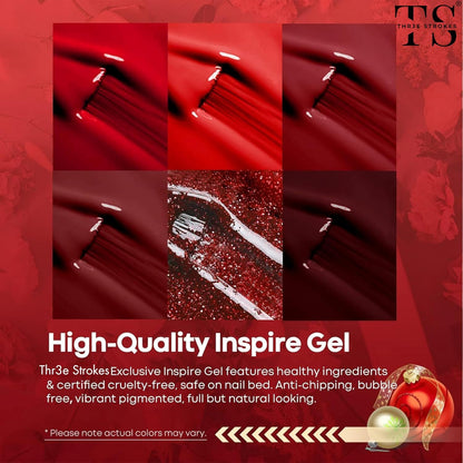 THR3E STROKES Roja Red 888 Gel Set | 6-Color Glitter & Glossy Polish