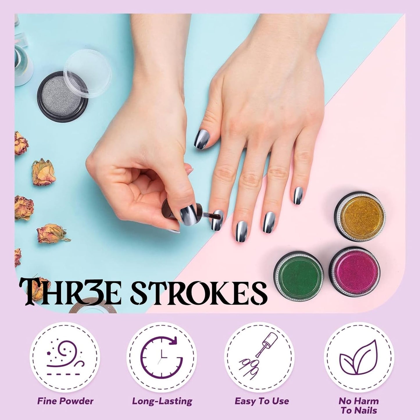 GV57 THR3E STROKES Chrome Nail Powder Metallic Mirror Glitter Effect Pigment Iridescent Aurora Mermaid Pearl Dust Kit for Gel Polish Nail Art Decoration, Resin Craft Arylic Powder (8) (Each 0.5gm)