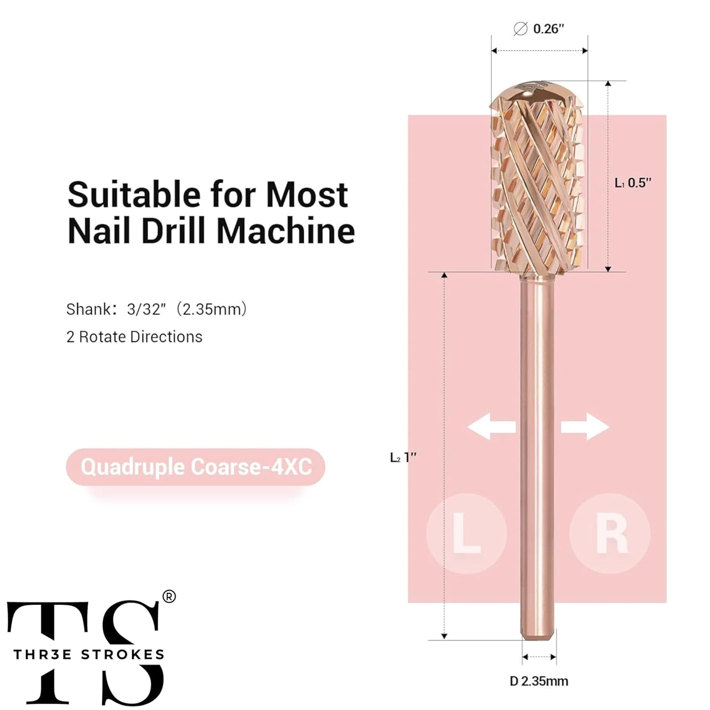 GV71 THR3E STROKES Nail Drill Bits, 3/32'' Smooth Round Top Large Barrel Carbide Bits, Suitable for Manicure Pedicure Cuticle Gel Polishing, Beginners Bits, Rose Gold, Series Bit (Quadruple Coarse-4XC, ROSE GOLD)