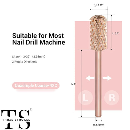 GV71 THR3E STROKES Nail Drill Bits, 3/32'' Smooth Round Top Large Barrel Carbide Bits, Suitable for Manicure Pedicure Cuticle Gel Polishing, Beginners Bits, Rose Gold, Series Bit (Quadruple Coarse-4XC, ROSE GOLD)