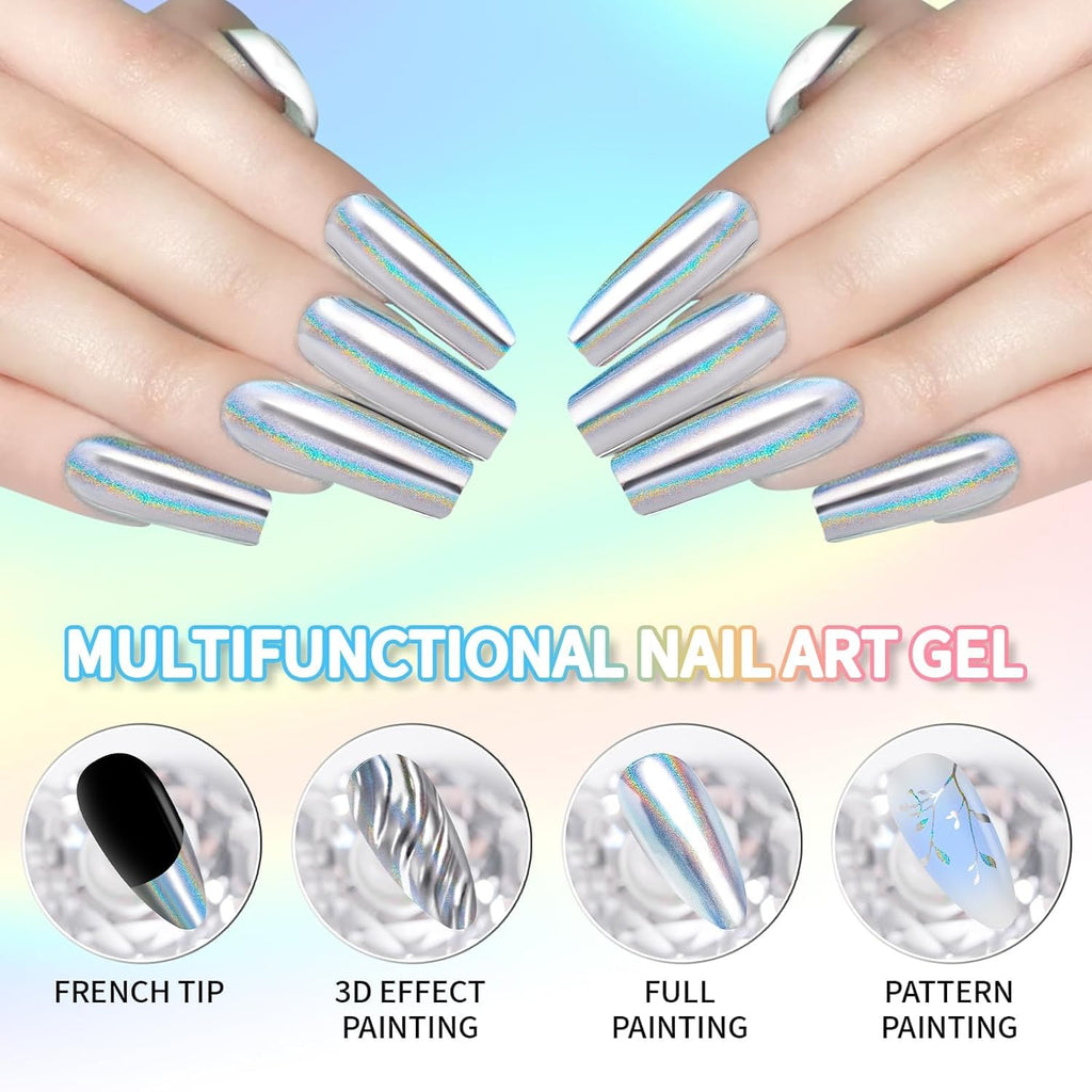 GV101 THR3E STROKES 8ml Holographic Metallic Painting Gel, Silver Mirror Gel Nail Polish Chrome Gel Nail Polish, 3D Metal Painted Drawing Gel Polish Laser Rainbow Effect High Gloss Soak Off UV/LED DIY Nail Art (SILVER HOLO)