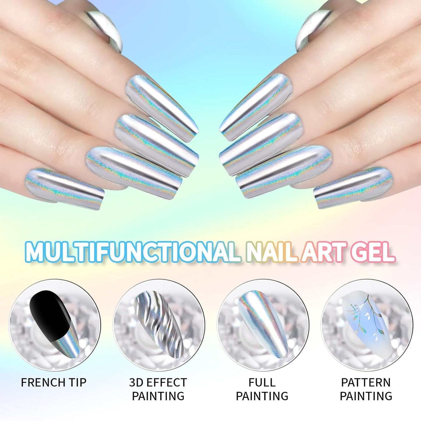 GV101 THR3E STROKES 8ml Holographic Metallic Painting Gel, Silver Mirror Gel Nail Polish Chrome Gel Nail Polish, 3D Metal Painted Drawing Gel Polish Laser Rainbow Effect High Gloss Soak Off UV/LED DIY Nail Art (SILVER HOLO)