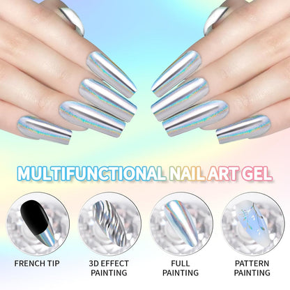 GV101 THR3E STROKES 8ml Holographic Metallic Painting Gel, Silver Mirror Gel Nail Polish Chrome Gel Nail Polish, 3D Metal Painted Drawing Gel Polish Laser Rainbow Effect High Gloss Soak Off UV/LED DIY Nail Art (SILVER HOLO)