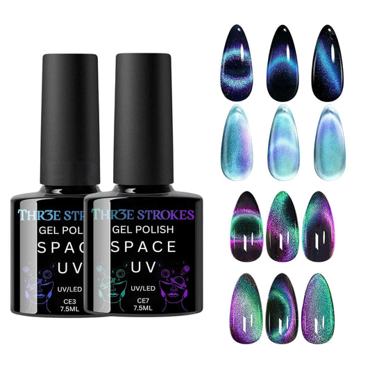 NP36 THR3E STROKES Cat Eye G-el Nail Polish, 2 PCS 15ML Pink Sliver Holographic 9D Cat Eye Glitter Multichrome Gel Polish Nail G-el Polish Magnet Soak Off Led Nail Art Gel DIY Salon Gift (CE3,CE7)