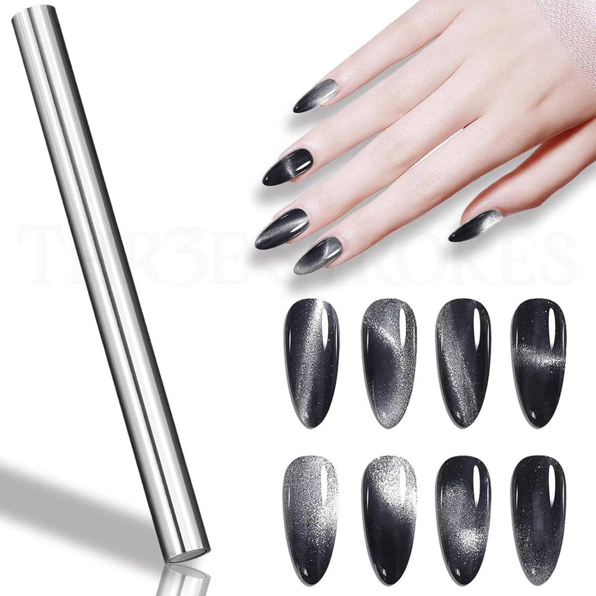 GV48 THR3E STROKES Cat Eye Magnet for Nails, 5.9inch Super Long Double-head Nail Polish Magnet Pens Magnet Stick 3D Magnetic Cat Eye Gel Polish Nail Art Tool, for Home DIY, Salon, Studio
