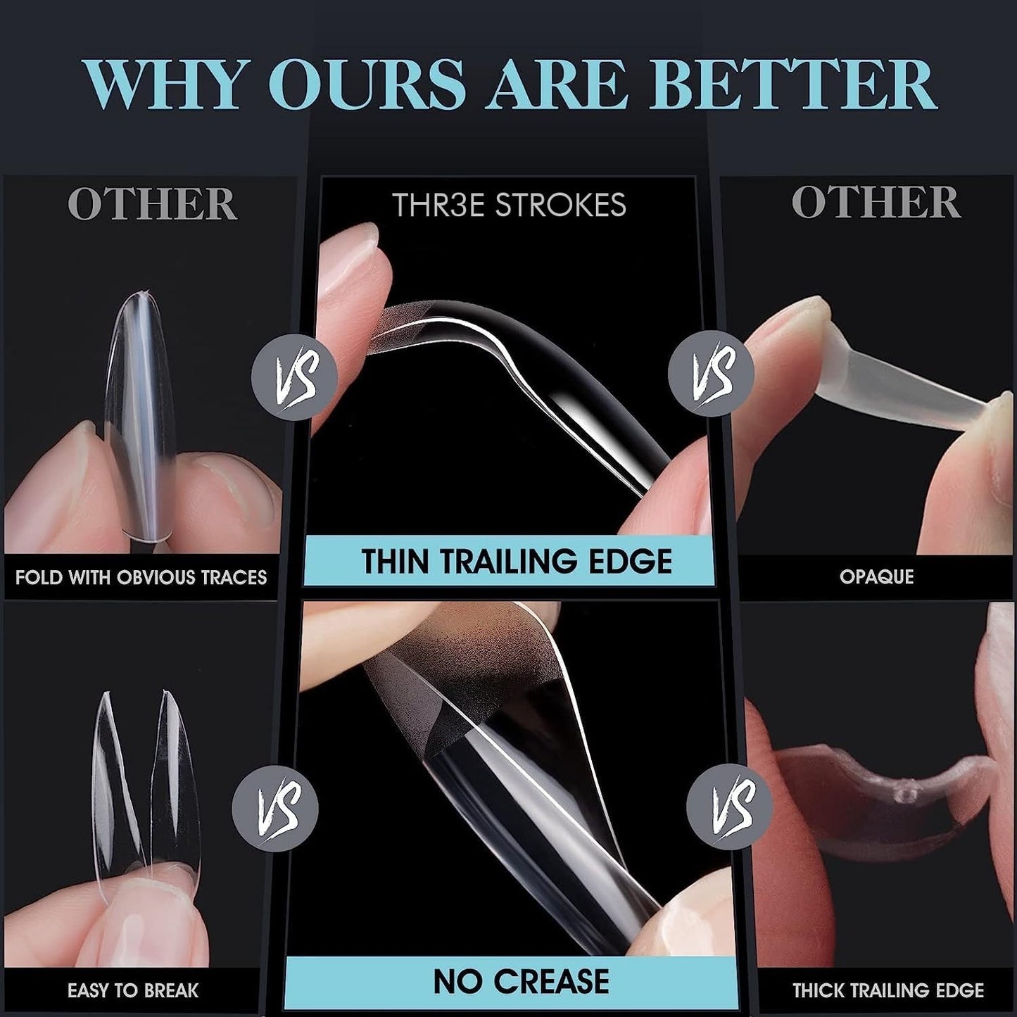 GV30 THR3E STROKES Soft Gel Nail Tips, Full Cover Clear Soft Nail Tips for Artificial False Nails Extension Nail Salons DIY Nail Art with Box, 440PCS (LONG STILETTO N2)