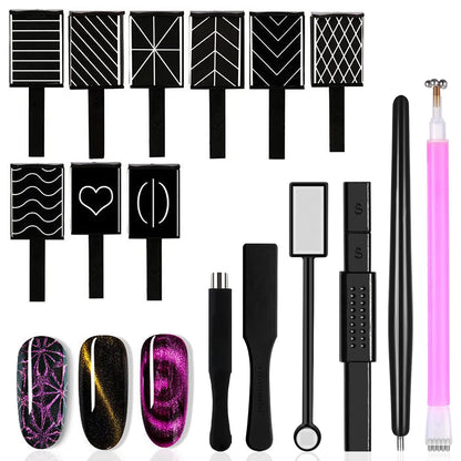 GV61 THR3E STROKES 15Pcs Nail Magnet Set Cat Eye Gel Nail Polish Magnet Wand Magnetic Nail Polish Cat Eye Magnet for Nails Cat Eye Magnets Sticks Nail Design Tools Nail Art Accessories