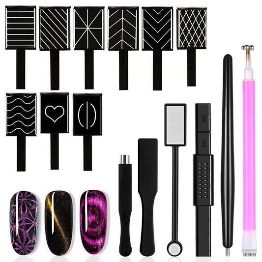 GV61 THR3E STROKES 15Pcs Nail Magnet Set Cat Eye Gel Nail Polish Magnet Wand Magnetic Nail Polish Cat Eye Magnet for Nails Cat Eye Magnets Sticks Nail Design Tools Nail Art Accessories