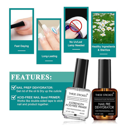 NP30 THR3E STROKES Professional Natural Nail Prep Dehydrate and Acid-Free Primer, Dehydrator for Acrylic and Gel Nail Polish, Non Acid Primer for UV Gels Fast Dry Superior Bonding Agent Gift Box Set