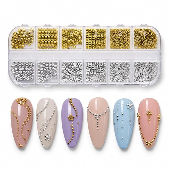 GV1224 12-Grid Gold & Silver Metallic Caviar Micro Beads Set - Clear Storage Organizer Box with 6 Size Grids of Gold & Silver Steel Micro Ball Studs for Gel Polish, Acrylic Nails & 3D Art