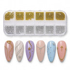 GV1224 12-Grid Gold & Silver Metallic Caviar Micro Beads Set - Clear Storage Organizer Box with 6 Size Grids of Gold & Silver Steel Micro Ball Studs for Gel Polish, Acrylic Nails & 3D Art