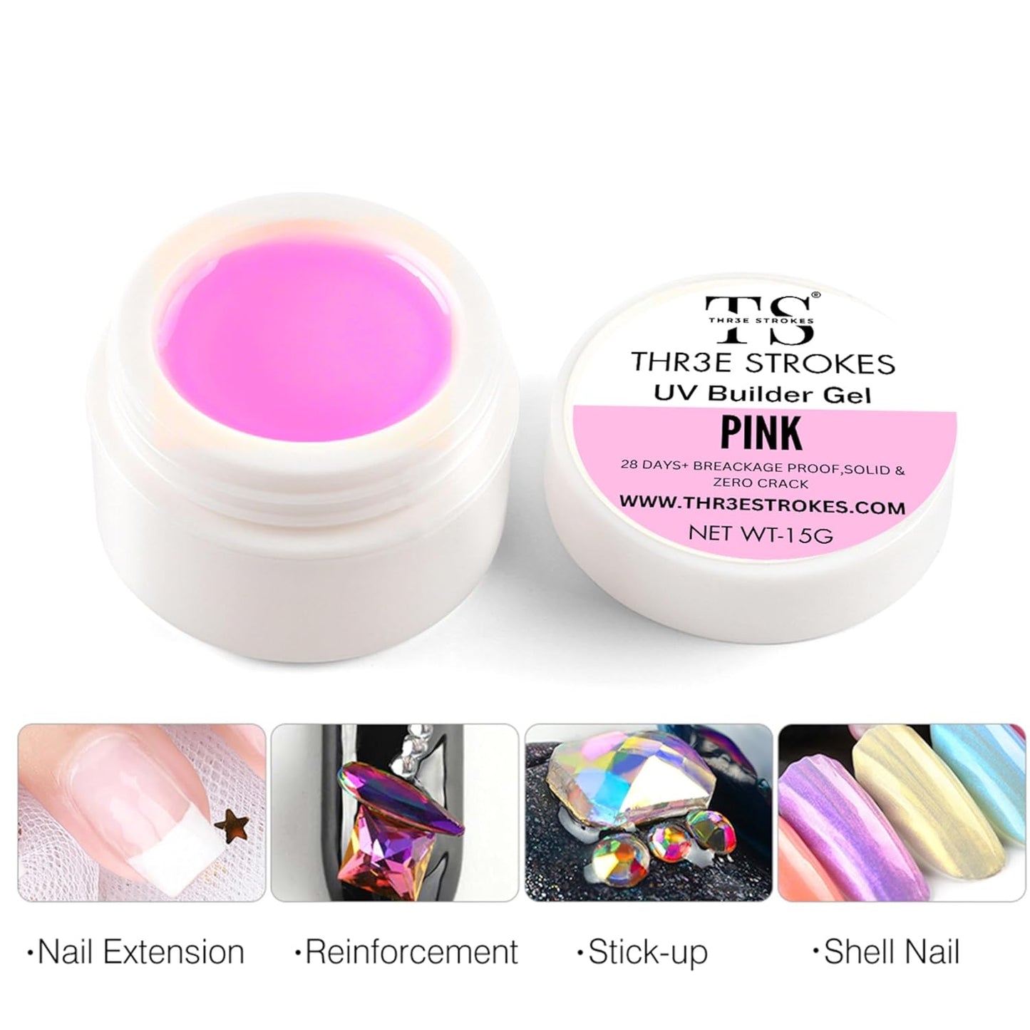 NP296 THR3E STROKES Builder Nail Gel, Gel Builder 15ml for Nails, Hard Gel Builder Nail Strengthener Extension Gel Nail Polish Rhinestone False Nail Tips Glue Gel in a Bottle (PINK)