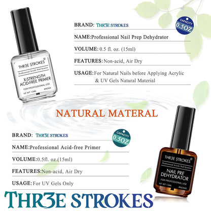 GV1 THR3E STROKES Professional Natural Nail Prep Dehydrate and Acid-Free Primer, Dehydrator for Acrylic and Gel Nail Polish, Non Acid Primer for UV Gels Fast Dry Superior Bonding Agent Gift Box Set
