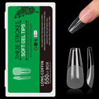 GV25 THR3E STROKES Soft Gel Nail Tips, Full Cover Clear Soft Nail Tips for Artificial False Nails Extension Nail Salons DIY Nail Art with Box, 550PCS (LONG COFFIN N19)