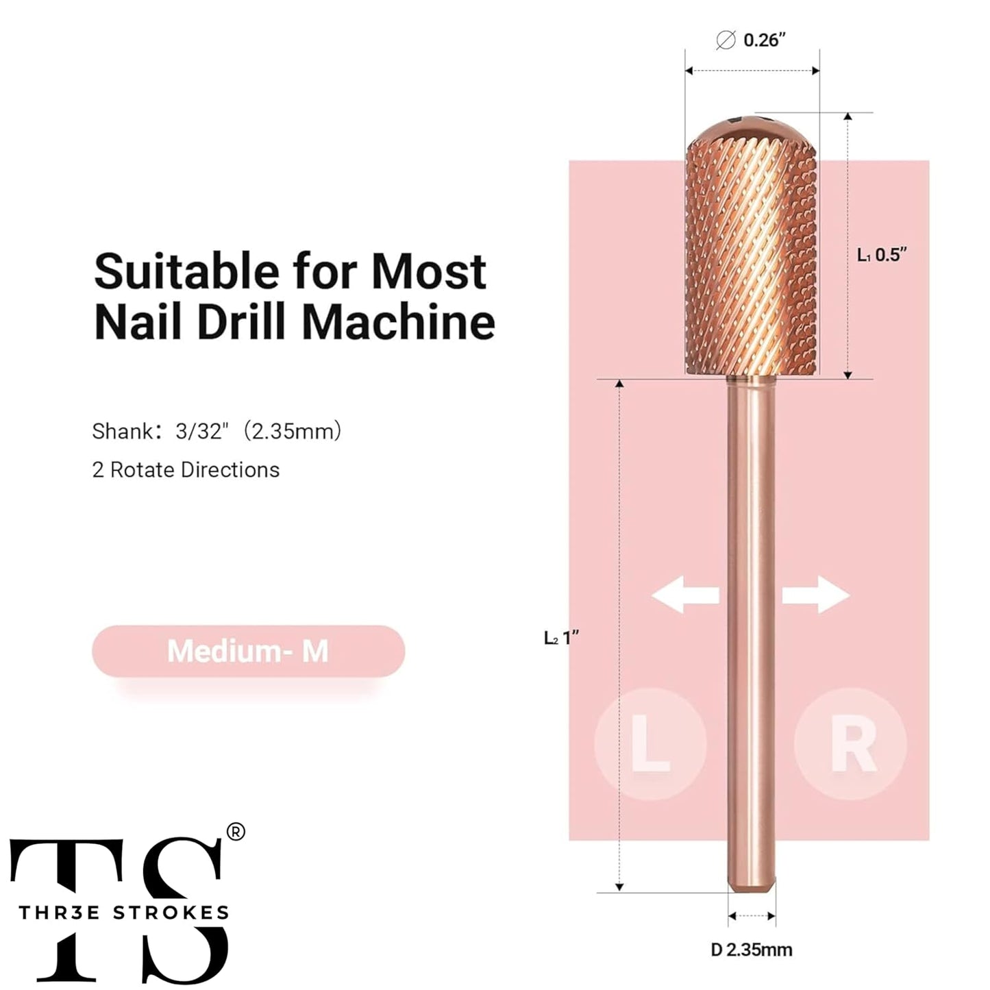 GV66 THR3E STROKES Nail Drill Bits, 3/32'' Smooth Round Top Large Barrel Carbide Bits, Suitable for Manicure Pedicure Cuticle Gel Polishing, Beginners Bits, Rose Gold, Series Bit (Medium-M, ROSE GOLD)