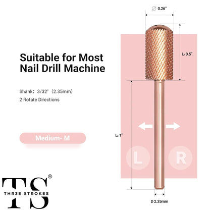 GV66 THR3E STROKES Nail Drill Bits, 3/32'' Smooth Round Top Large Barrel Carbide Bits, Suitable for Manicure Pedicure Cuticle Gel Polishing, Beginners Bits, Rose Gold, Series Bit (Medium-M, ROSE GOLD)