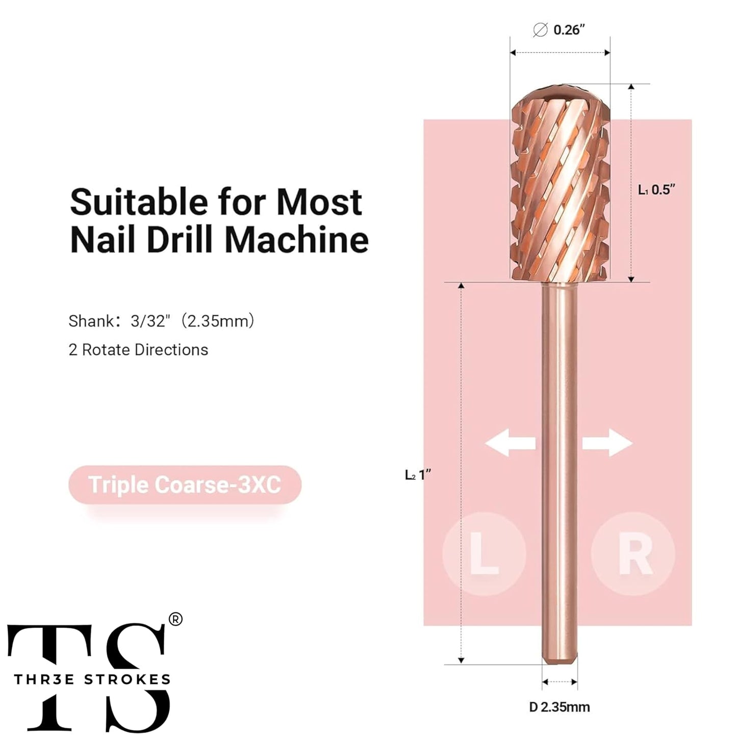 GV72 THR3E STROKES Nail Drill Bits, 3/32'' Smooth Round Top Large Barrel Carbide Bits, Suitable for Manicure Pedicure Cuticle Gel Polishing, Beginners Bits, Rose Gold, Series Bit (Triple Coarse-3XC, ROSE GOLD)