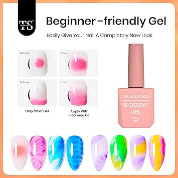 NP21 THR3E STROKES Nail Blooming Gel 15ml Clear Uv Led Blossom Gel Polish for Spreading Effect Marble Natural Stone Watercolor Floral Print Soak off Nail Gel Diy Nail Art Design Gift for Women