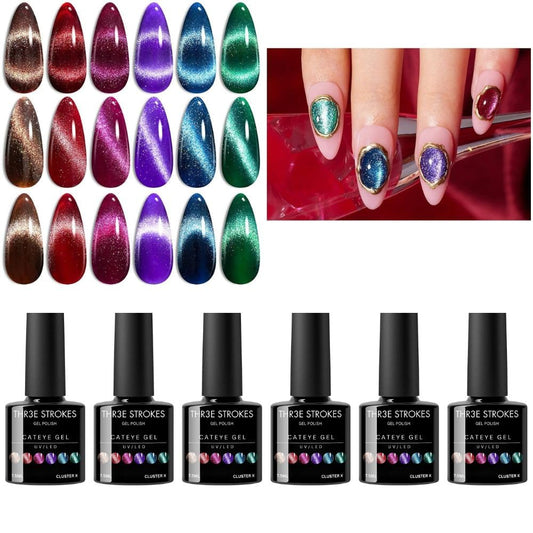 NP41 THR3E STROKES Gel Nail Polish Cat Eye Winter Gel Nail Polish Set 6 Colors, Glitter Red Shiny Brown Burgundy Purple Blue Green Magnetic Effect Sparkle Stunning Nail Gel Polish Gifts for Women, 2024 Limited Colors 7ML (UV/LED LIGHT REQUIRED)