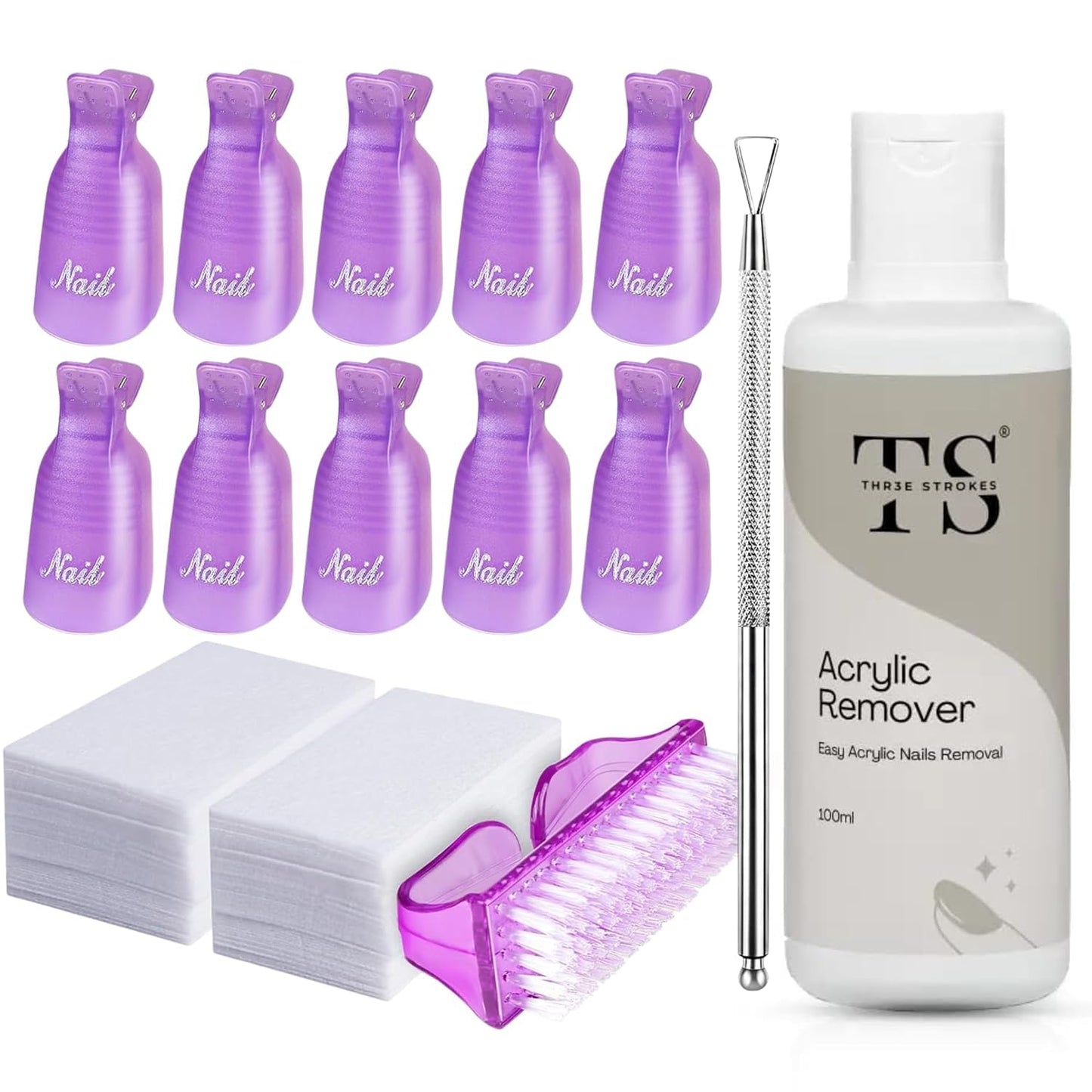 NP63 THR3ESTROKES Acrylic Remover Kit, Gel Nail Polish Remover for Nails with Soak off clips, Nail Wipes & Peeler, Professional, Quick & Easy Polish Remover In few Minutes Don't Hurt Your Nails 100ml