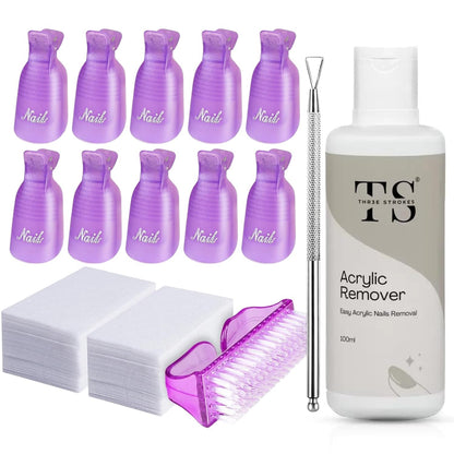 NP63 THR3ESTROKES Acrylic Remover Kit, Gel Nail Polish Remover for Nails with Soak off clips, Nail Wipes & Peeler, Professional, Quick & Easy Polish Remover In few Minutes Don't Hurt Your Nails 100ml