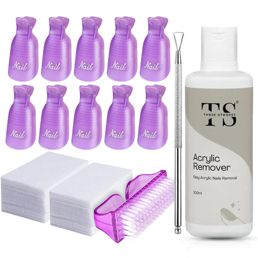 NP63 THR3ESTROKES Acrylic Remover Kit, Gel Nail Polish Remover for Nails with Soak off clips, Nail Wipes & Peeler, Professional, Quick & Easy Polish Remover In few Minutes Don't Hurt Your Nails 100ml