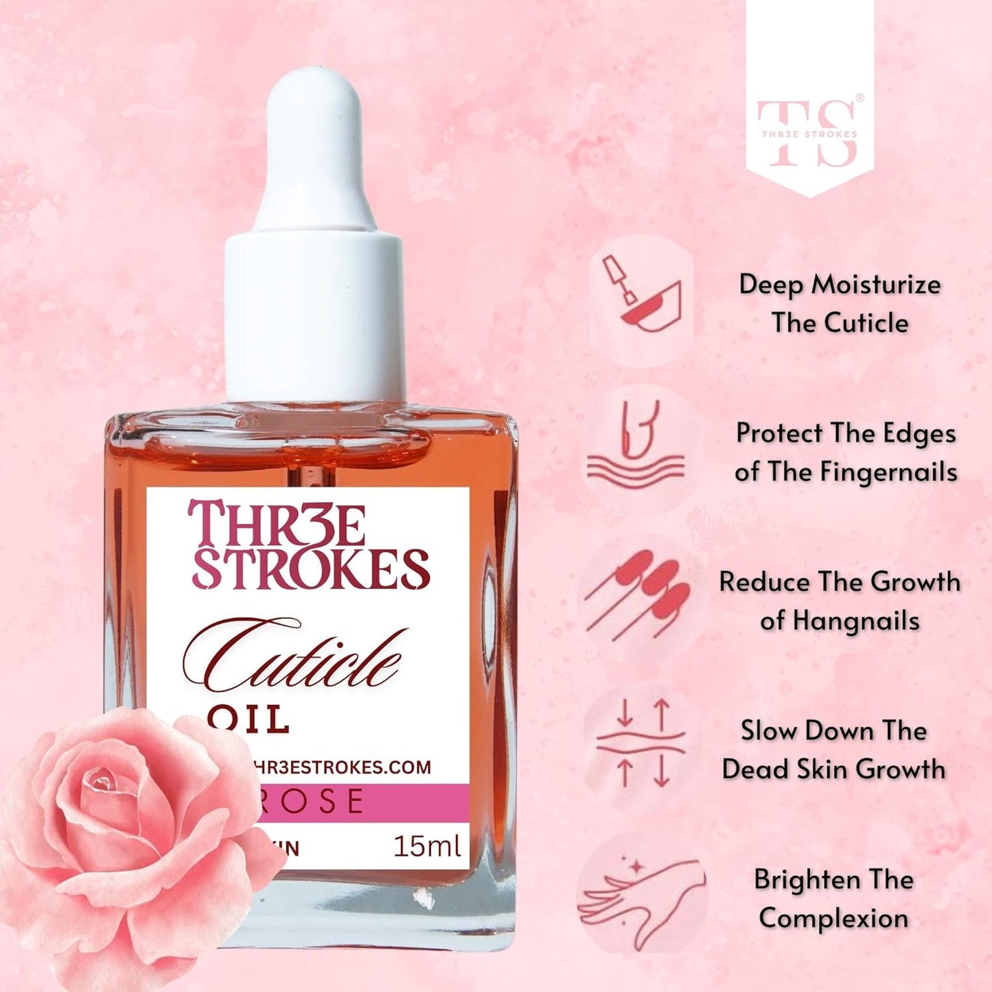 GV77 THR3E STROKES Naturale Revitalizing Cuticle Oil - Hydrating Oil For Repaired Cuticles Overnight - Remedy For Damaged Skin And Thin Nails - Paraben/Cruelty-Free Formula 15ML (ROSE)