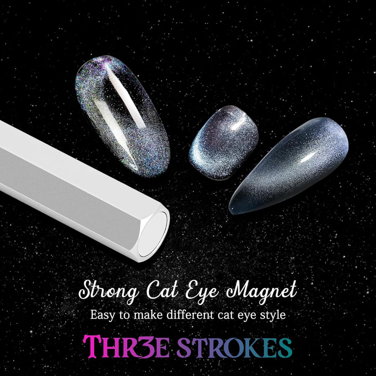 GV86 THR3E STROKES Cat Eye Magnet Tool,Professional Double-Ended Hexagon Strong Nail Magnet Stick for Cat Eye Gel Nail Polish,suitable for personal DIY, nail studio or nail salon(Silver)