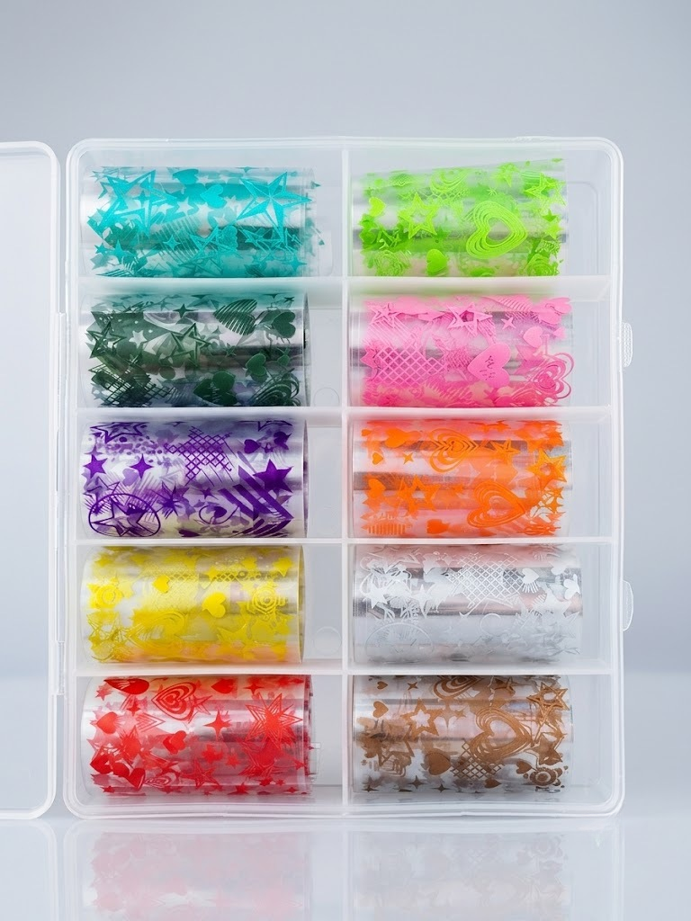 GV1168 10 Rolls Multicolor Heart & Star Pattern Nail Transfer Foil Set, 10 Compartments - Metallic & Holographic Nail Art Foil Rolls for Gel, Acrylic Nails & DIY Manicure