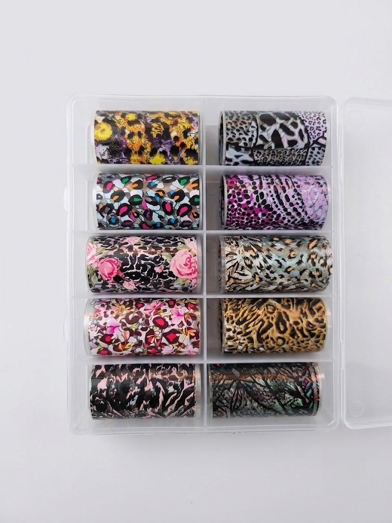 GV1170 10 Rolls Floral & Animal Print Nail Transfer Foil Set, 10 Compartments - Leopard, Floral & Metallic Patterned Nail Art Foil Rolls for Gel, Acrylic Nails & DIY Manicure