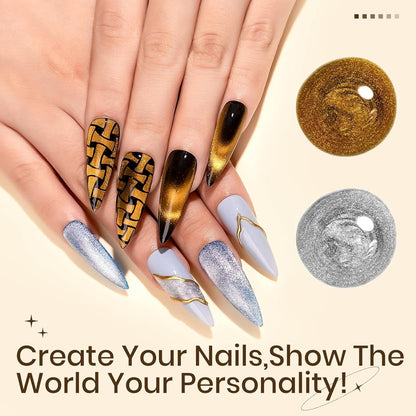 NP43 THR3E STROKES Silver and Gold Smoothie Cat Magnetic Gel Polish - 9D Cateye With Magnet Stick for Salon Manicure and Nail Art DIY at Home - 30 ML