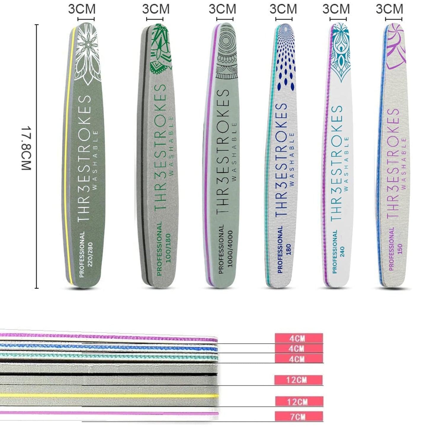 GV534 THR3E STROKES 6 pcs Nail Files Set for Manicure, Nail Buffer Files Block Coarse Washable Nail Polisher Double Sided Nail Shaper Emery Boards for Acrylic & Natural Nails 100/150/180/220/240/280/1000/4000 Grid