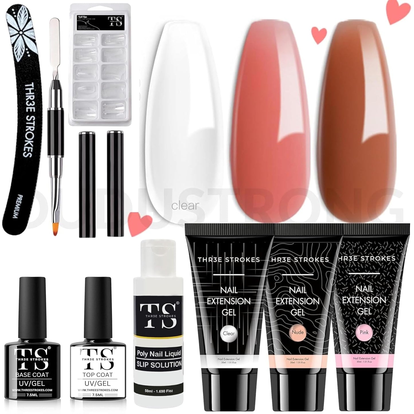 NP65 THR3E STROKES Poly Gel Extension Kit - Enhancement Builder, Neutral Gel Art Design, All-in-One French Kit for Easy DIY at Home - Valentine Gifts for Beginners (HRT584)
