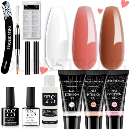 NP65 THR3E STROKES Poly Gel Extension Kit - Enhancement Builder, Neutral Gel Art Design, All-in-One French Kit for Easy DIY at Home - Valentine Gifts for Beginners (HRT584)