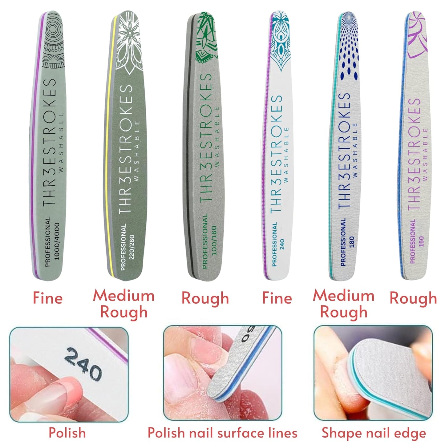 GV534 THR3E STROKES 6 pcs Nail Files Set for Manicure, Nail Buffer Files Block Coarse Washable Nail Polisher Double Sided Nail Shaper Emery Boards for Acrylic & Natural Nails 100/150/180/220/240/280/1000/4000 Grid