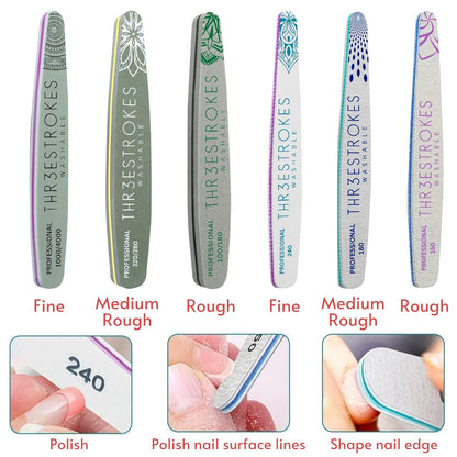 GV534 THR3E STROKES 6 pcs Nail Files Set for Manicure, Nail Buffer Files Block Coarse Washable Nail Polisher Double Sided Nail Shaper Emery Boards for Acrylic & Natural Nails 100/150/180/220/240/280/1000/4000 Grid