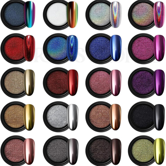 GV55 THR3E STROKES Chrome Nail Powder Metallic Mirror Glitter Effect Pigment Iridescent Aurora Mermaid Pearl Dust Kit for Gel Polish Nail Art Decoration, Resin Craft Arylic Powder (20)(Each 0.5gm)