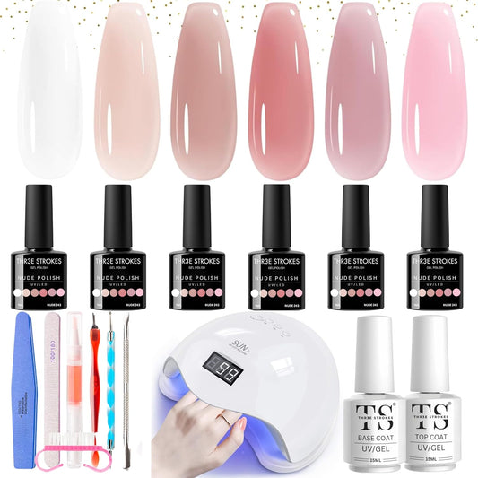 NP28 THR3E STROKES Gel Nail Polish Starter Kit With U V/LED Light, 6 Colors 48W Nail Dryer, Gel Base Top Coat Nail Art Tools, All-In-One Gift Kit, DIY Home/Salon Manicure Set, (WATERY NEED 3 LAYERS) (SD84)