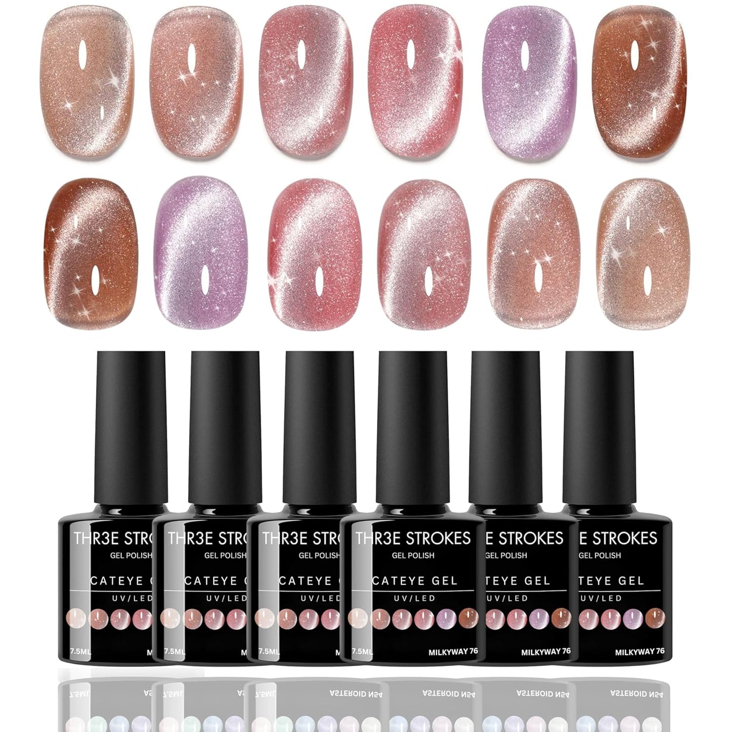 NP27 THR3E STROKES Cat Eye Gel Nail Polish Set for Pink Brown Glitter Holographic Cat Eye, Salon Gel Manicure and Nail Art DIY at Home, Bright Moonlight (NEBULA)