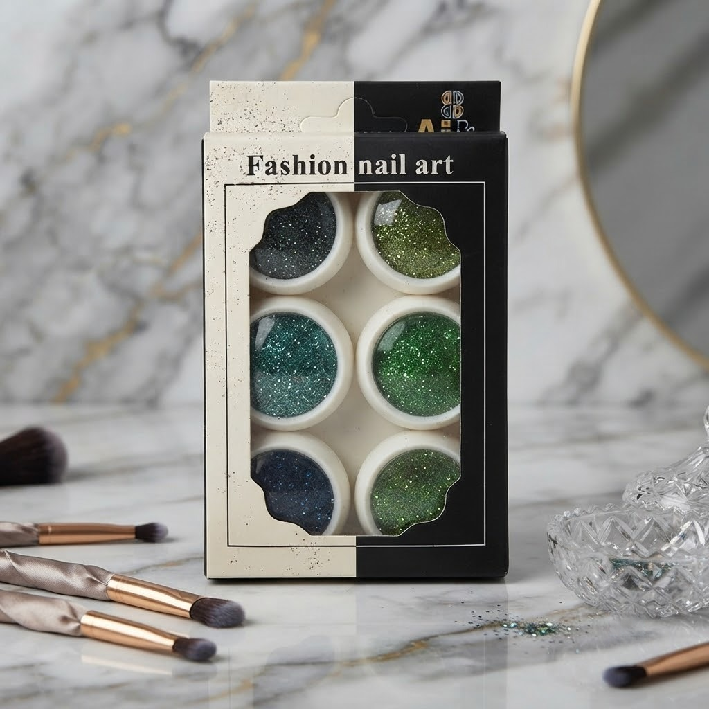 NP232 Fashion Nail Art 6-Color Fine Glitter Powder Set - Green & Teal Tones Sparkle Sequins, Shimmering Pigment Dust Jars for Acrylic, Gel Nails & DIY Manicure