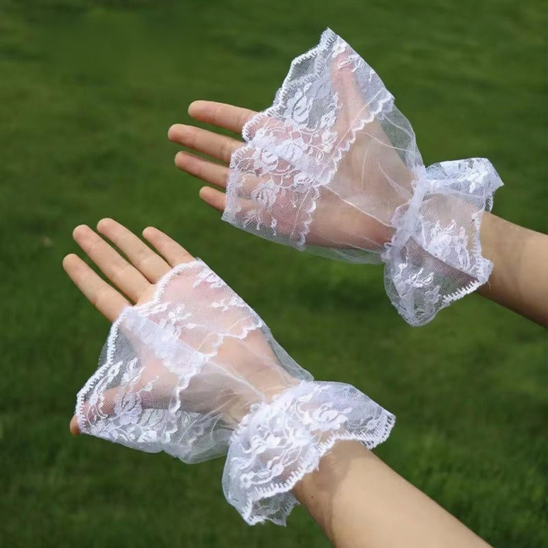 Sheer White Lace Ruffle Fingerless Gloves | UV Protection Accessory