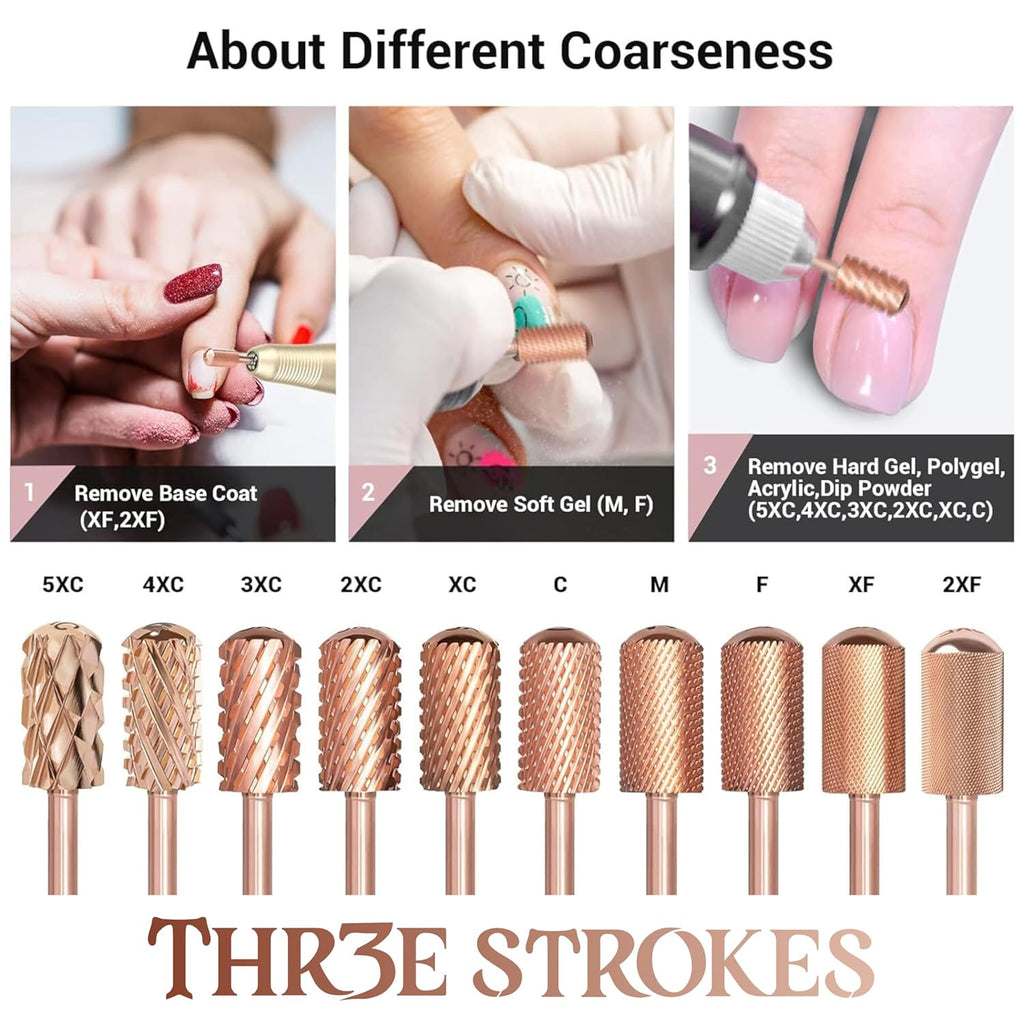 GV74 THR3E STROKES Nail Drill Bits, 3/32'' Smooth Round Top Large Barrel Carbide Bits, Suitable for Manicure Pedicure Cuticle Gel Polishing, Beginners Bits, Rose Gold, Series Bit (Double Coarse-2XC, ROSE GOLD)