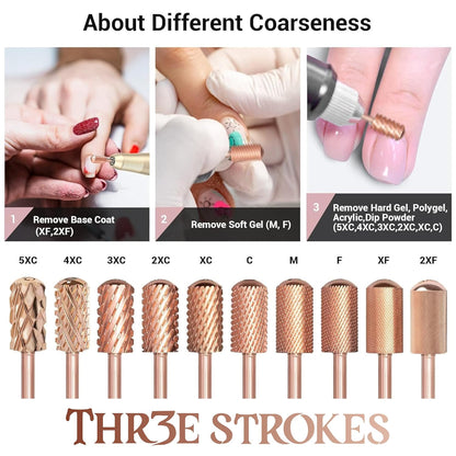 GV66 THR3E STROKES Nail Drill Bits, 3/32'' Smooth Round Top Large Barrel Carbide Bits, Suitable for Manicure Pedicure Cuticle Gel Polishing, Beginners Bits, Rose Gold, Series Bit (Medium-M, ROSE GOLD)