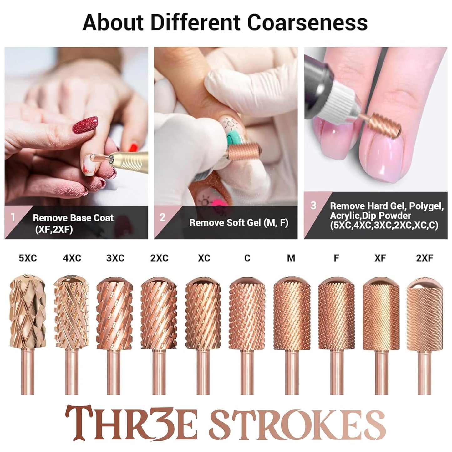 GV68 THR3E STROKES Nail Drill Bits, 3/32'' Smooth Round Top Large Barrel Carbide Bits, Suitable for Manicure Pedicure Cuticle Gel Polishing, Beginners Bits, Rose Gold, Series Bit (Extra Coarse-XC, ROSE GOLD)