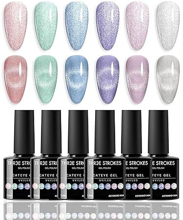 NP27 THR3E STROKES Cat Eye Gel Nail Polish Set for Pink Brown Glitter Holographic Cat Eye, Salon Gel Manicure and Nail Art DIY at Home, Bright Moonlight (NEBULA)